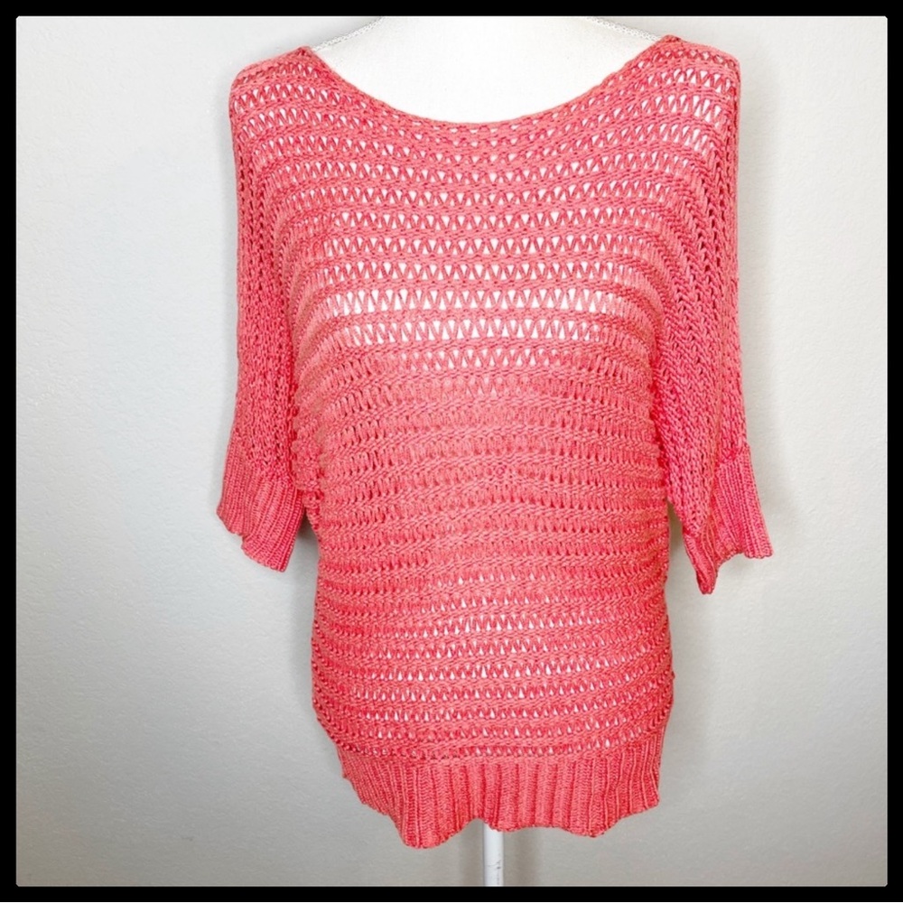 Chico's crop Crochet coral knit sweater 3/4 length dolman Sleeve Size 0